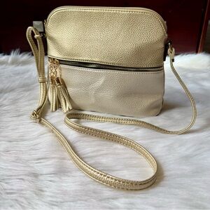 Minimalist Metallic Bag -‎ Gold Pebbled Faux Leather Tassel Crossbody Bag